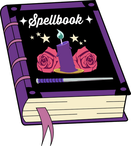 Enchanted spellbook with candle and roses on transparent background