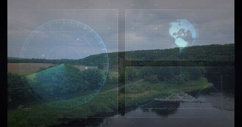 Augmented hud overlaying aerial riverscape with radar globe and data panels