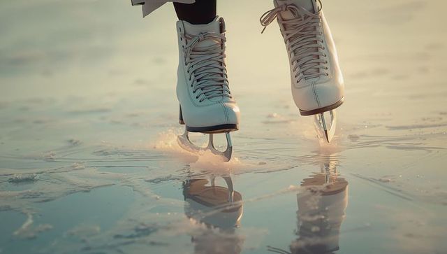 Graceful Ice Skater Gliding on Frozen Pond at Sunset