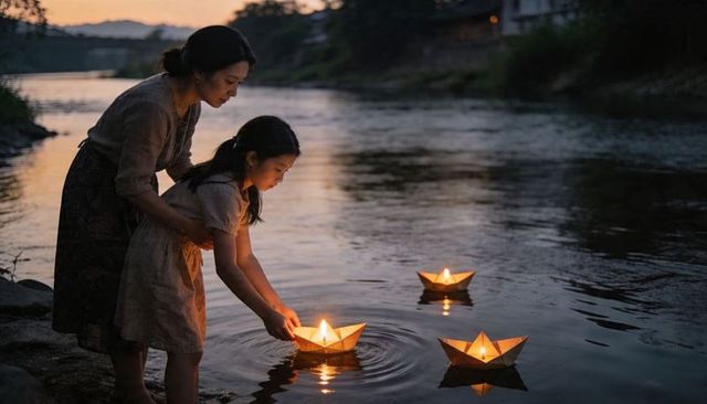 Asian mother guiding daughter releasing glowing paper boat lanterns on river at dusk