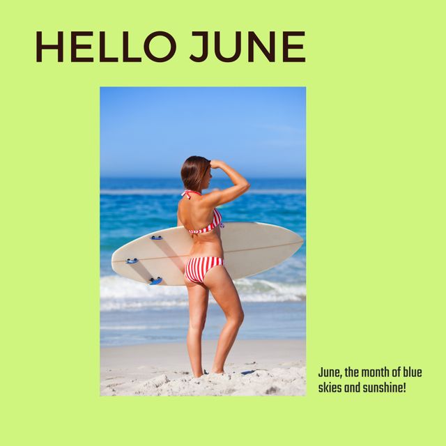 Composition of hello june text over happy caucasian woman with surfboard at beach. June, summer and celebration, digitally generated image.