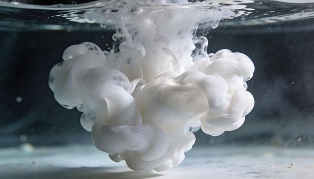 Billowing white pigment cloud flowing through clear water tank, milky fluid macro abstract