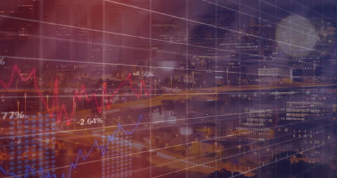 Digital Financial Data Overlays with Urban Cityscape Background