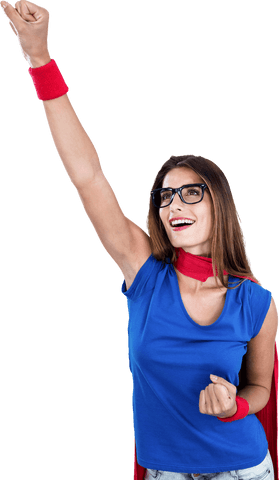 Confident Woman in Transparent Superhero Costume Posing Strong