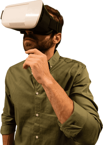 Transparent Virtual Reality Glasses on Thoughtful Man Observing