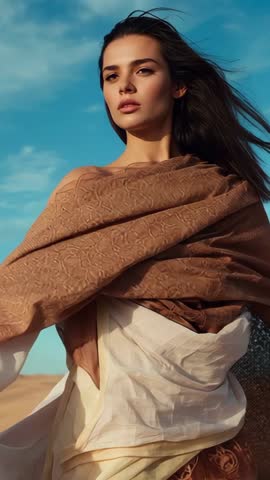 Vertical video showing windblown shawl wrapping woman in desert, flowing bohemian elegance