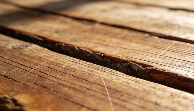 Sunlit weathered wood planks with narrow debris-filled gaps and rustic texture
