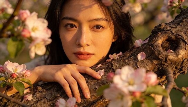 Young woman resting on gnarled tree branch surrounded by pale pink blossoms at golden hour