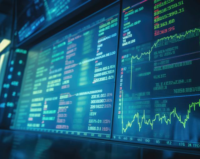 Financial stock market data displayed on screens, created using generative ai technology. Global business, stock exchange, trading, finance and stock market concept digitally generated image.