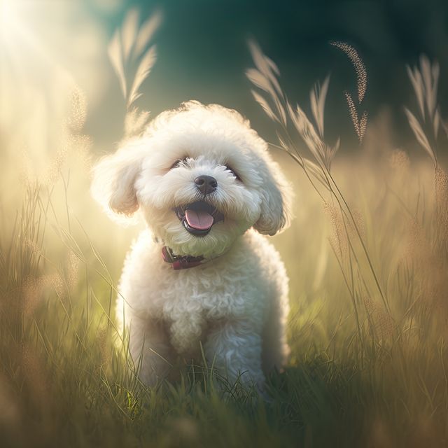 Close up of cute white bichon dog in field, created using generative ai technology. Dog and pet animal concept digitally generated image.