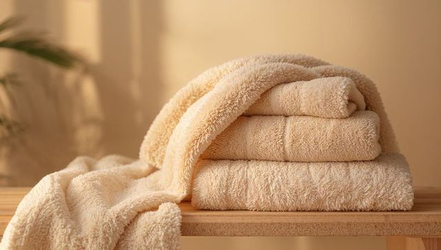 Beige terry towels draping over wooden bench creating warm minimalist bath and spa vibe