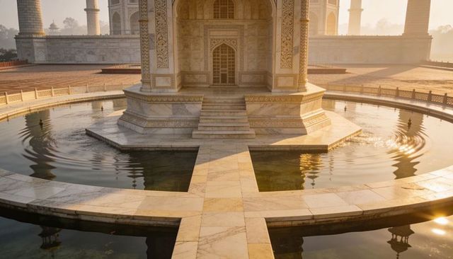 Golden sunrise glowing mughal marble pavilion with reflecting pool and ornate arches