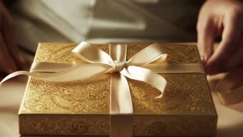Unwrapping Elegant Gold Gift Box with Satin Ribbon