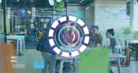 Business team collaborating around round table with augmented reality hud in modern office