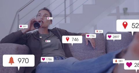 Woman relaxing on sofa with social media engagement overlay