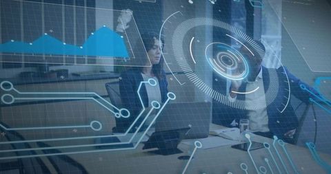 Business leaders collaborating and analyzing futuristic data dashboards in modern boardroom
