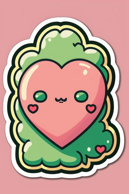 Cute kawaii heart illustration with chubby cheeks, surrounded by a green leafy background. Perfect for use on stickers, greeting cards, or as a character in anime and manga storytelling. It conveys affection, cuteness, and a playful mood, suitable for both kids and adults in cute design concepts.