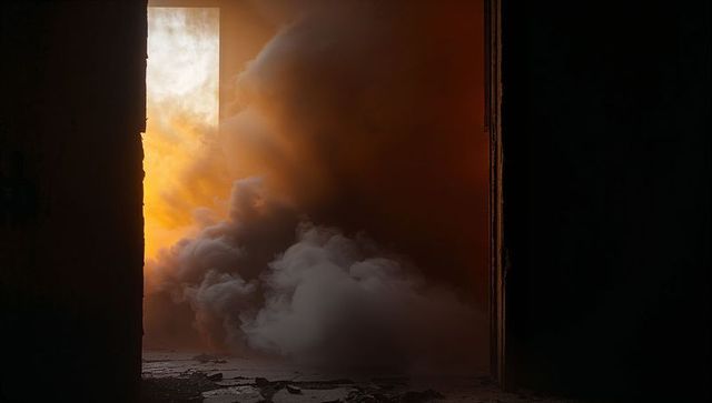 Dramatic smoke fills abandoned hall with illuminated opening