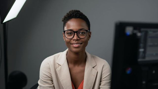 Smiling professional woman sitting at desk with glasses, studio lighting and monitor