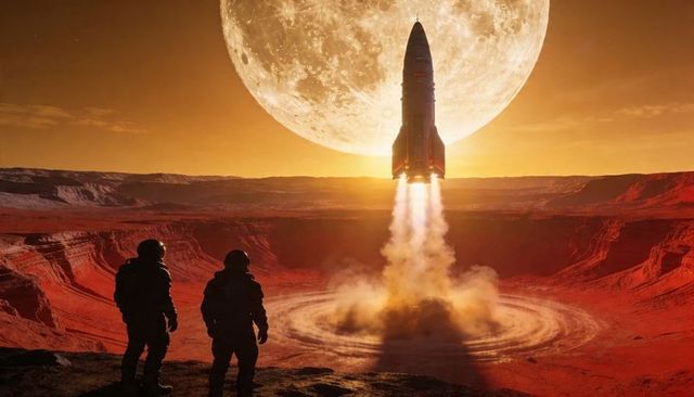 Rocket Launching From Martian Crater With Two Astronauts Watching Backlit Giant Moon