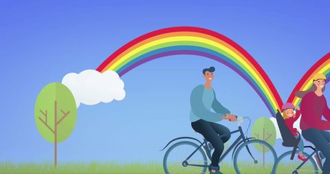Family Bicycle Ride Under Colorful Rainbow In Spring