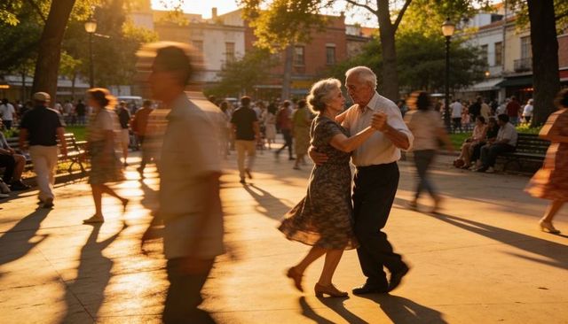 Senior couple dancing in sunlit urban plaza at golden hour, romantic elderly waltz