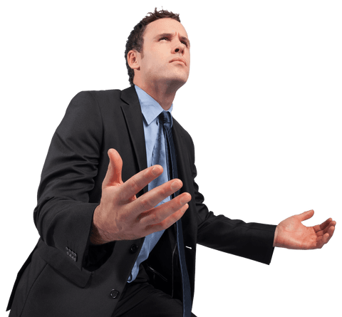 Businessman in Suit Raising Arms with Transparent Background