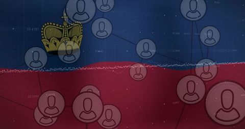 Liechtenstein flag with digital network connecting user avatars, data nodes and crown emblem