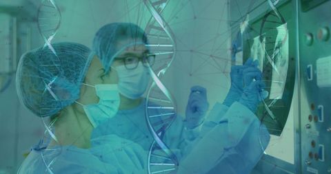 Surgeons analyzing data with dna overlay in high-tech operating room