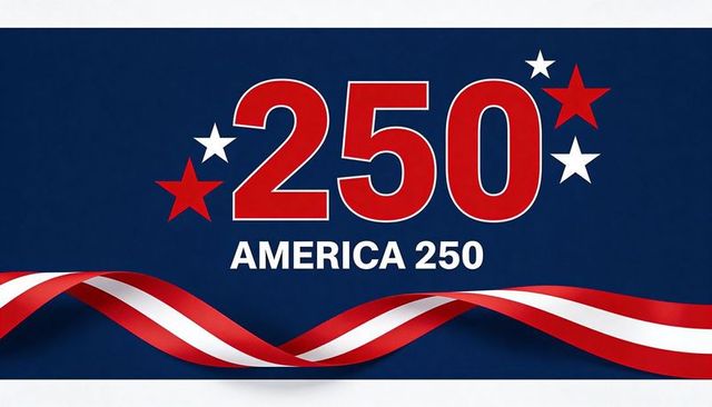 America 250 celebrating semiquincentennial banner with bold 250, stars and flag ribbon