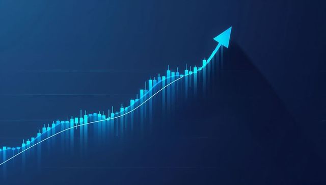 Neon Blue Rising Stock Chart Showing Bullish Trend, Candlestick Bars and Upward Arrow