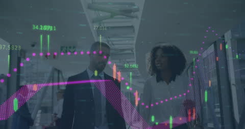 Business Colleagues Discussing Insights with Finance Graphs Overlap