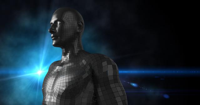 3D rendered image depicting a male AI figure with a blue flare on a dark background. Ideal for use in technology, science fiction, and artificial intelligence-related themes. Useful for presentations, articles, and websites focused on robotics, futuristic tech, and digital innovations.