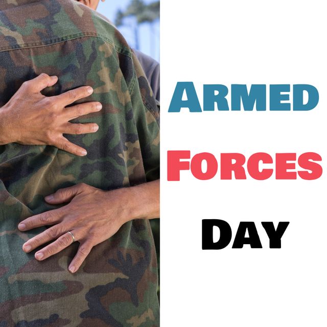 Composite of armed forces day text and midsection of biracial man embracing army soldier, copy space. family, armed forces, celebration, military, honor and patriotism concept.