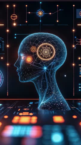 Activating Wireframe Head Vertical Video Showing Spinning Neural Modules and Data Flow