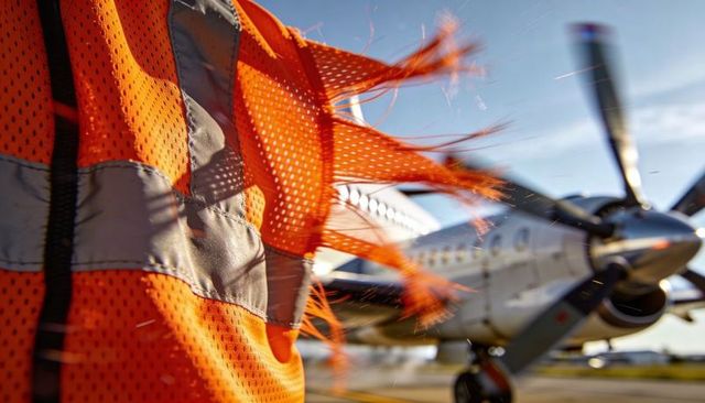 Frayed hi-vis safety vest fluttering beside turboprop on sunlit airport apron