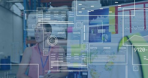 Gesturing woman presenting augmented reality logistics dashboard for warehouse planning