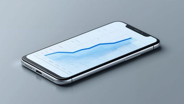 Smartphone displaying upward financial chart with blue trend line on sleek grey tabletop