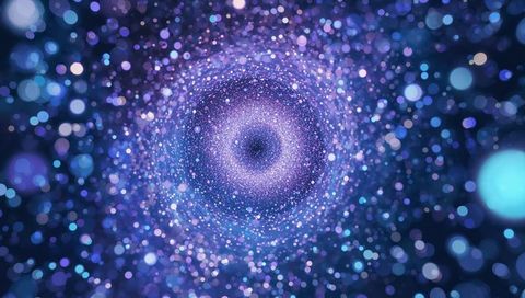 Swirling cosmic vortex forming blue-purple bokeh tunnel of glowing sparkling particles