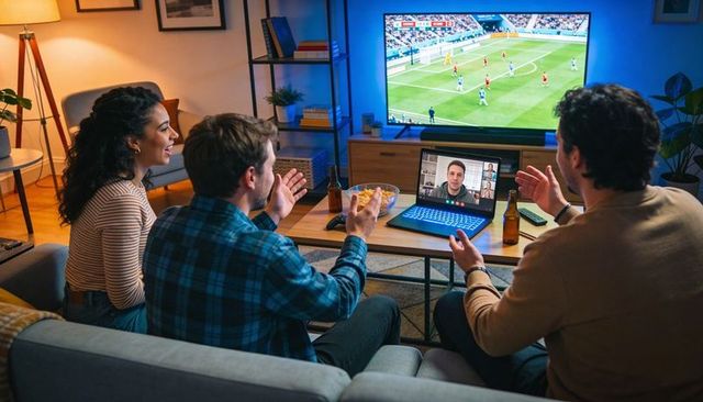Friends hosting virtual sports watch party with live soccer on tv and laptop call