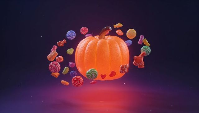Whimsical Floating Pumpkin with Orbiting Candies in Digital Space