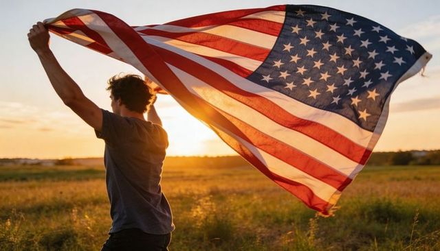Young man holding american flag at sunset in rural field celebrating patriotism backlit