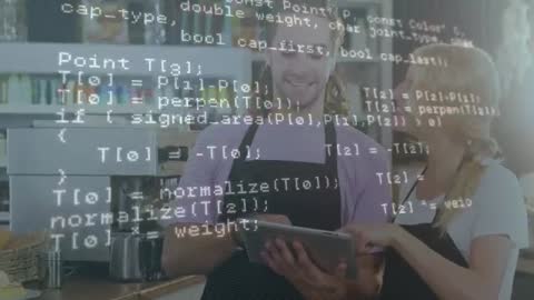 Baristas Collaborating with Tablet in Cafe Overlaid with Code