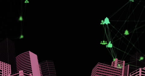 Digital Network Overlay on Futuristic Pink Cityscape