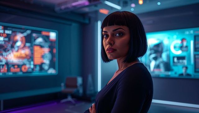 Confident woman standing in neon control room studying futuristic schematics and ui