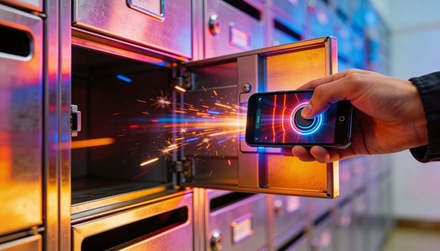 Neon smartphone unlocking metal mail locker with sparks, contactless access and futuristic glow