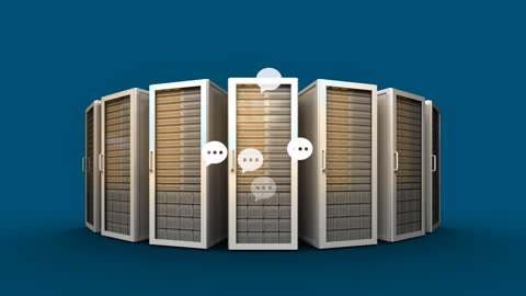 Animated Social Media Icons Around Computer Servers