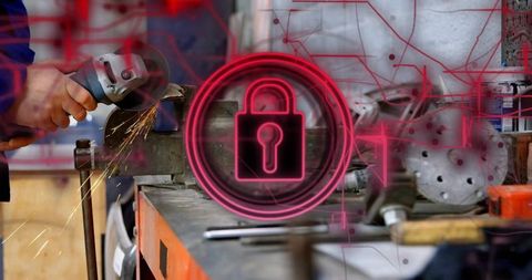 Machinist grinding metal on vise with neon lock icon overlay representing cybersecurity