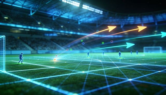Futuristic soccer analytics showing player trajectories on glowing digital field grid