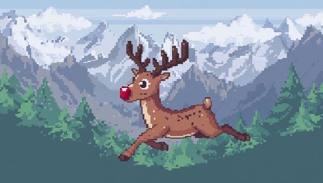 Leaping pixel-art reindeer with red nose and antlers over alpine pine mountains
